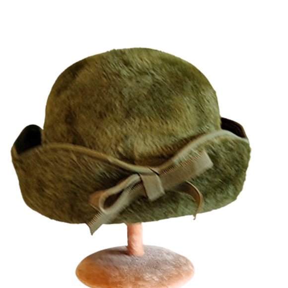 Dark Olive Green 1960s Vintage Hat With A Wide Turned Up Brim With Scallops Sm main image 4